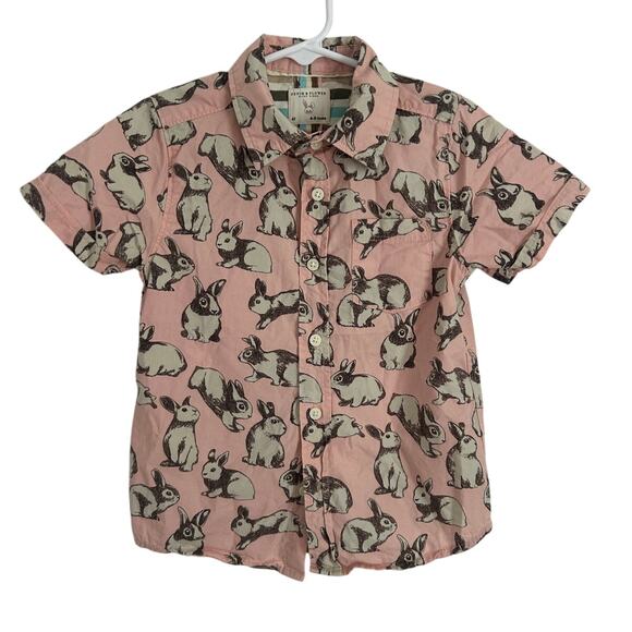 Denim & Flower All Over Print Rabbit Button Up Shirt kids 4T Bunny Easter - Picture 1 of 5